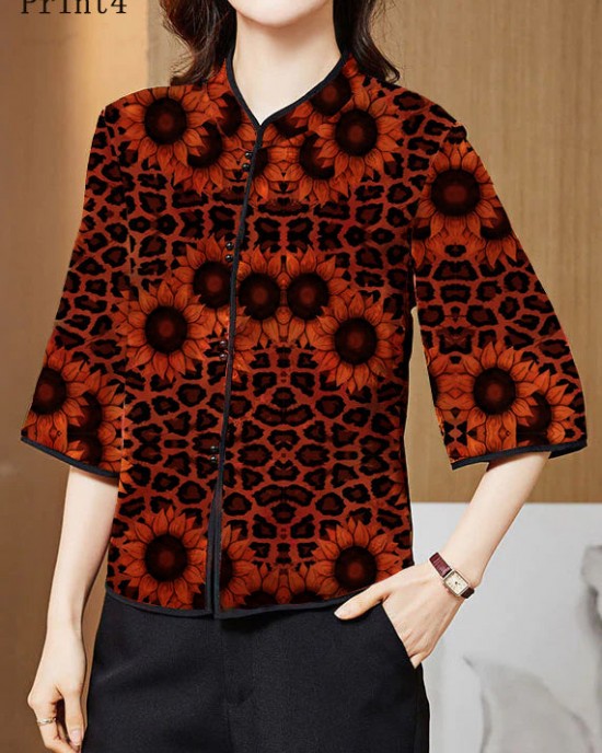 Vintage Red Mandarin Collar Print Silk Shirt Tops Half Sleeve Vintage Red Mandarin Collar Print Silk Shirt Tops Half Sleeve