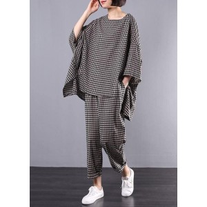 Chic pattern stylish Cotton Linen gray Plaid Vintage Blouse And Pants
