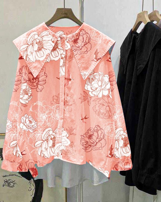 Bohemian Purple Pink Peter Pan Collar Button asymmetrical design Fall Long sleeve Top Bohemian Purple Pink Peter Pan Collar Button asymmetrical design Fall Long sleeve Top
