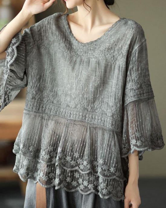 Loose Khaki O-Neck Embroideried Patchwork Summer Shirts Half Sleeve Loose Khaki O-Neck Embroideried Patchwork Summer Shirts Half Sleeve