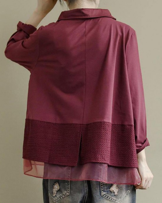 Art Burgundy Patchwork Baggy Shirt Clothes Lapel Art Burgundy Patchwork Baggy Shirt Clothes Lapel
