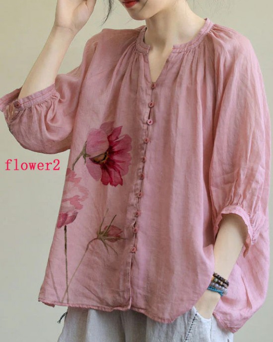 Italian Pink V Neck Button Loose Fall Half Sleeve Blouse Top Italian Pink V Neck Button Loose Fall Half Sleeve Blouse Top