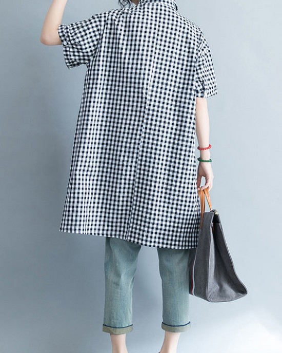Unique black white plaid cotton linen shirts women stylish lapel pockets oversized Summer shirts Unique black white plaid cotton linen shirts women stylish lapel pockets oversized Summer shirts