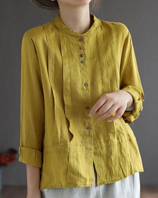 Women Yellow Elegant Button Fall Top Long Sleeve Linen Women Yellow Elegant Button Fall Top Long Sleeve Linen