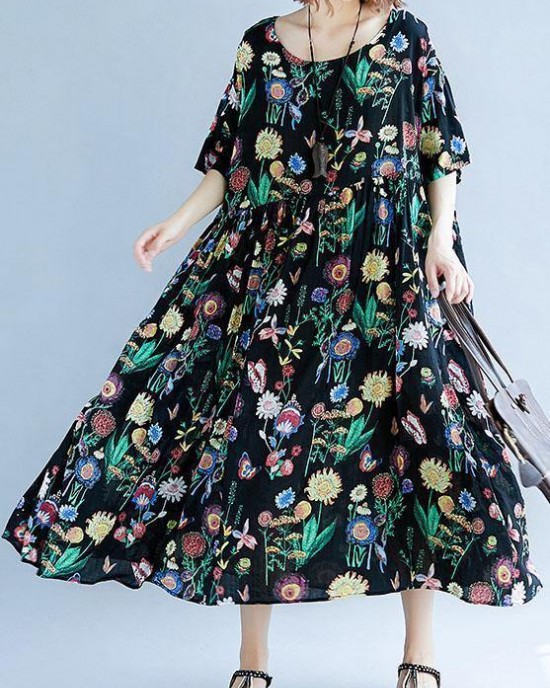 Women o neck Cinched cotton linen summer outfit Tutorials black print Dress Women o neck Cinched cotton linen summer outfit Tutorials black print Dress