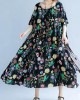 Women o neck Cinched cotton linen summer outfit Tutorials black print Dress Women o neck Cinched cotton linen summer outfit Tutorials black print Dress