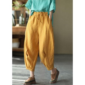Simple Yellow Retro High Waist Pockets Summer Pants Linen