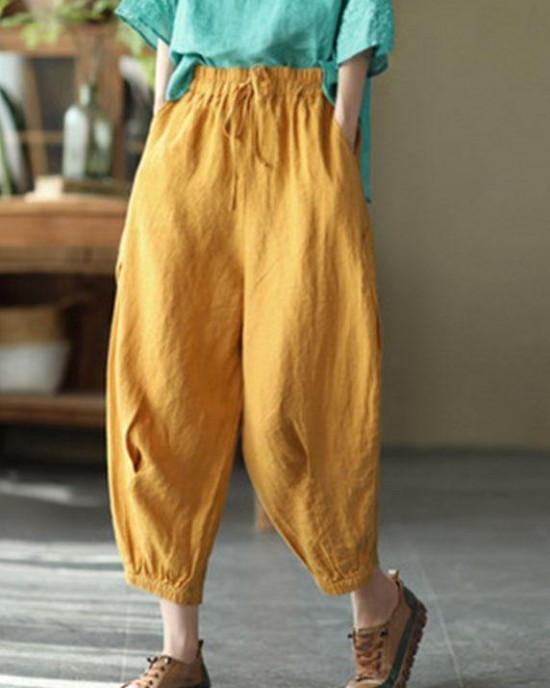 Simple Yellow Retro High Waist Pockets Summer Pants Linen Simple Yellow Retro High Waist Pockets Summer Pants Linen