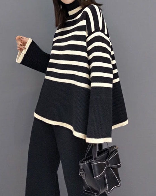 Beautiful Black Turtle Neck Striped Knit Two Piece Suit Set Spring