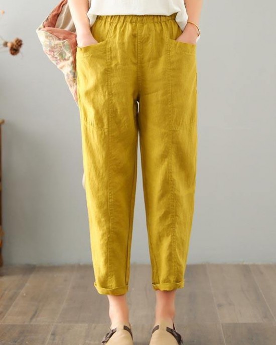 Natural Yellow Pockets Cotton Linen Pants Summer Natural Yellow Pockets Cotton Linen Pants Summer