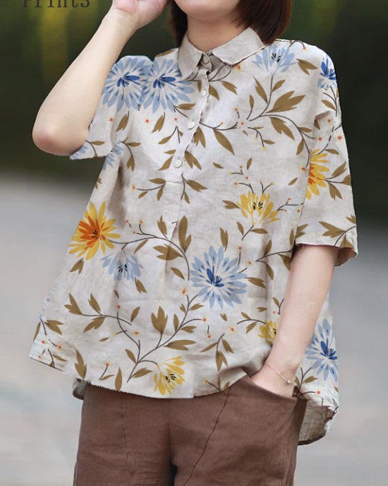 Vintage Beige Peter Pan Collar Print Summer Linen Blouses Half Sleeve Vintage Beige Peter Pan Collar Print Summer Linen Blouses Half Sleeve