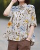 Vintage Beige Peter Pan Collar Print Summer Linen Blouses Half Sleeve Vintage Beige Peter Pan Collar Print Summer Linen Blouses Half Sleeve