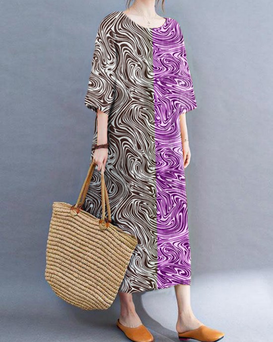 Modern Color Block Loose O-Neck Print Summer Side Open Dress Half Sleeve Modern Color Block Loose O-Neck Print Summer Side Open Dress Half Sleeve