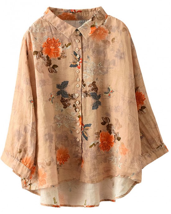 Simple Orange Peter Pan Collar Print Button Cotton Blouse Tops Long Sleeve Simple Orange Peter Pan Collar Print Button Cotton Blouse Tops Long Sleeve