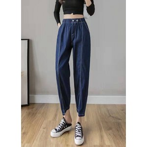 Italian Spring Casual Pants Stylish Denim Blue Photography Elastic Waist Patchwork Women Pants