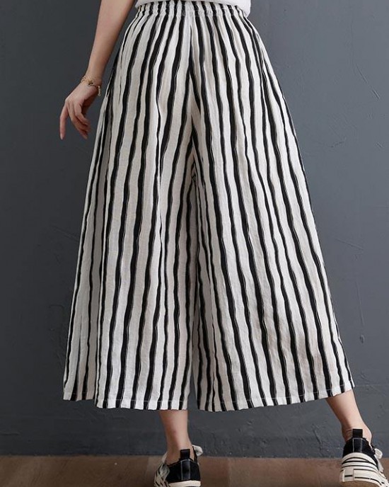 Plus Size Black White Striped Wide Leg Pants Summer Cotton Plus Size Black White Striped Wide Leg Pants Summer Cotton