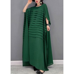 Grace Green O-Neck Striped Chiffon Ankle Dress Batwing Sleeve