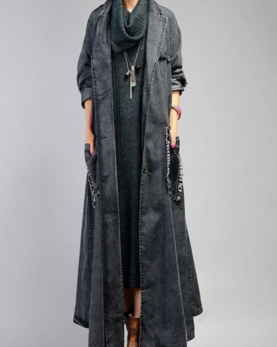New plus size maxi coat fall denim black Notched Large pockets coat for woman New plus size maxi coat fall denim black Notched Large pockets coat for woman