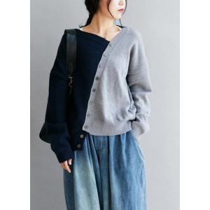 Vintage blue clothes v neck patchwork Loose fitting fall sweaters