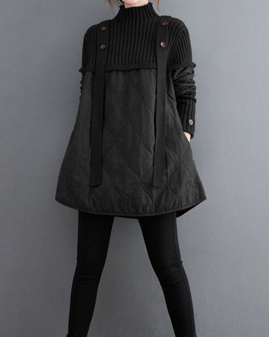 Women Black Knit Patchwork Fine Cotton Filled Sweaters Winter Women Black Knit Patchwork Fine Cotton Filled Sweaters Winter