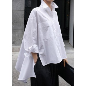 Natural White Peter Pan Collar Low High Design Button Pockets Cotton Shirts Long Sleeve