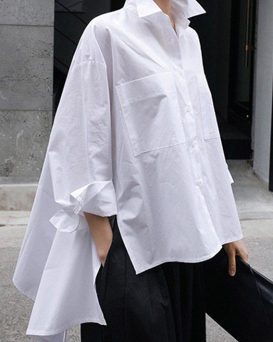 Natural White Peter Pan Collar Low High Design Button Pockets Cotton Shirts Long Sleeve Natural White Peter Pan Collar Low High Design Button Pockets Cotton Shirts Long Sleeve