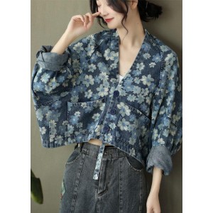 Italian Blue Print Denim Long sleeve V Neck Top