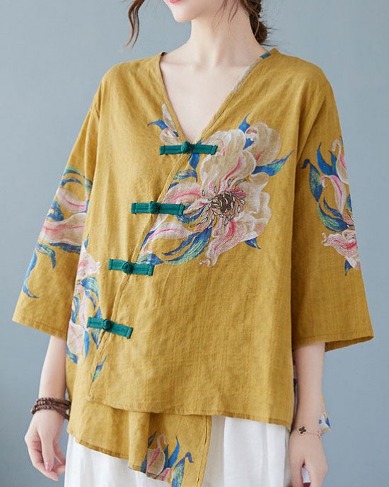 Yellow Button Shirt Tops Asymmetrical Half Sleeve Yellow Button Shirt Tops Asymmetrical Half Sleeve