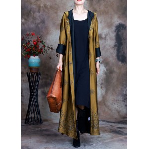 Beautiful Yellow Hooded Print Satin trench coats Spring