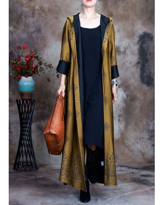 Beautiful Yellow Hooded Print Satin trench coats Spring