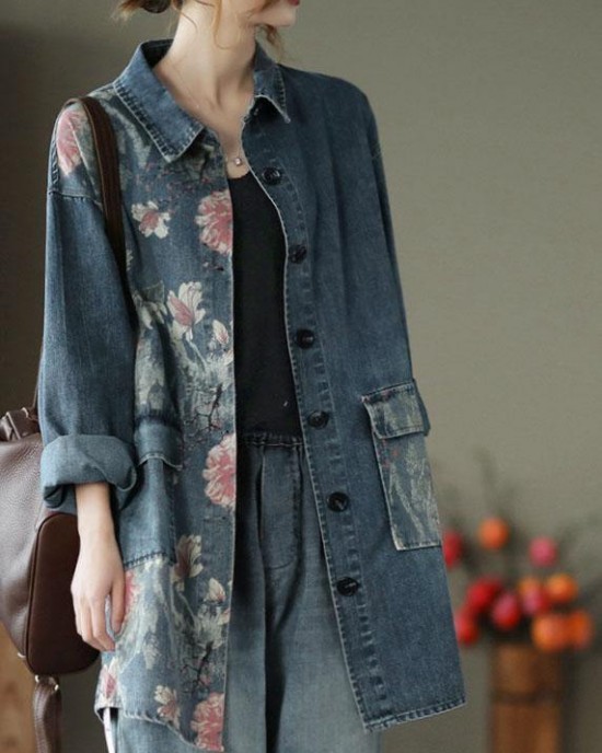 Classy Big Flower Print Patchwork Blouse Tops Denim Jacket Classy Big Flower Print Patchwork Blouse Tops Denim Jacket