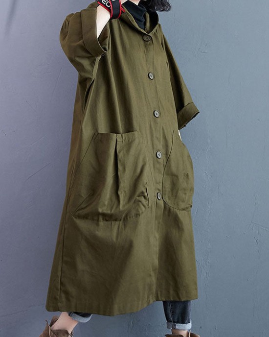 Elegant Army Green Pockets Button Fall Hooded Long sleeve Trench Coats Elegant Army Green Pockets Button Fall Hooded Long sleeve Trench Coats