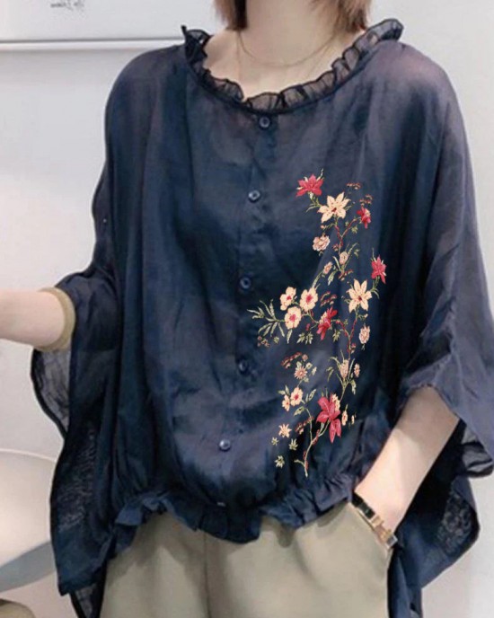 Art Navy Tops Ruffles Trim Half Sleeve Shirts Blouse Plus Size