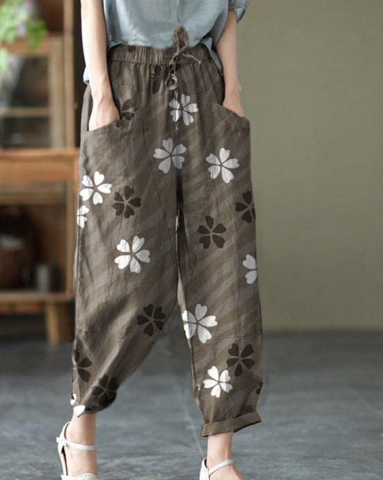 Art Khaki Tie Waist Pockets Summer Harem Pants Linen Art Khaki Tie Waist Pockets Summer Harem Pants Linen