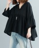 Black V Neck Patchwork Asymmetrical Design Fall Top Three Quarter sleeve Black V Neck Patchwork Asymmetrical Design Fall Top Three Quarter sleeve