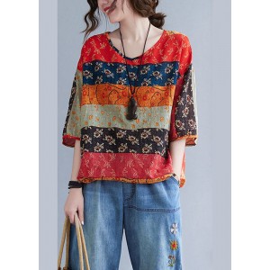 Boho Print V Neck Patchwork Loose drawstring Fall Blouses Half Sleeve