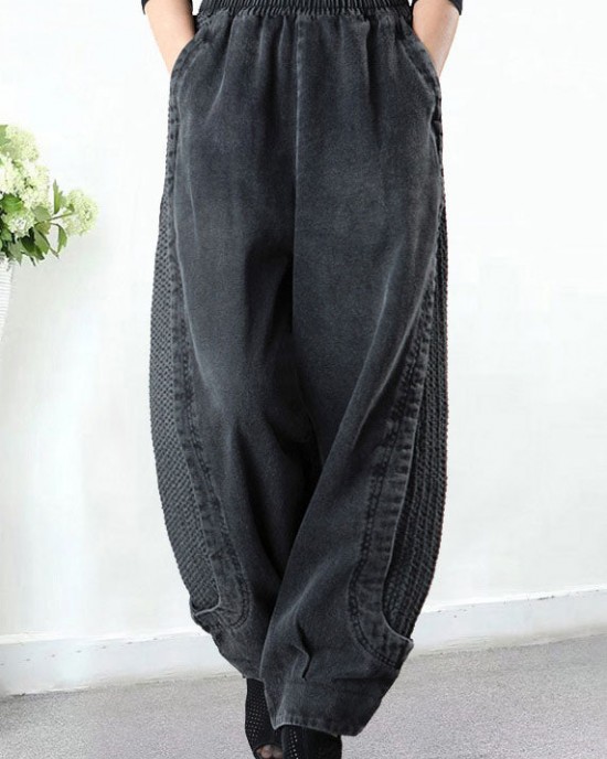 Plus Size Grey Pockets Patchwork Harem Fall Denim Pants