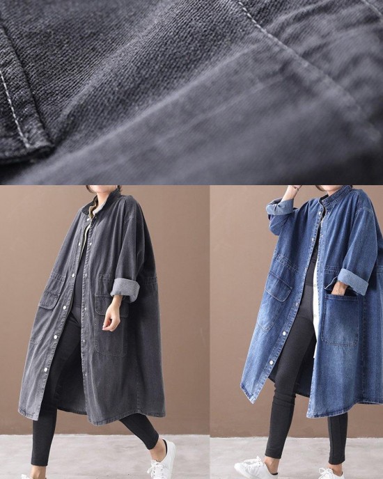 Simple stand collar drawstring Fashion tunic coat denim black Midi women coats Simple stand collar drawstring Fashion tunic coat denim black Midi women coats