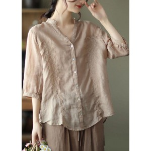 French Khaki Embroideried V Neck Ramie Blouse Top Summer