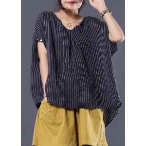 Beautiful blue striped linen clothes For Women v neck baggy summer top