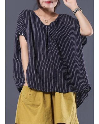 Beautiful blue striped linen clothes For Women v neck baggy summer top