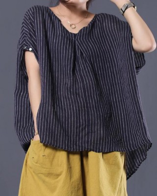 Beautiful blue striped linen clothes For Women v neck baggy summer top