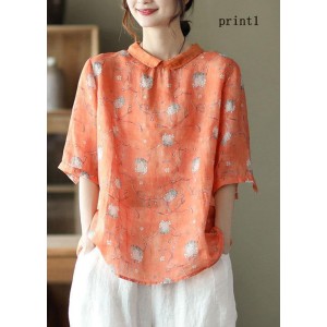 DIY Orange Print Ramie Half Sleeve Shirt Summer