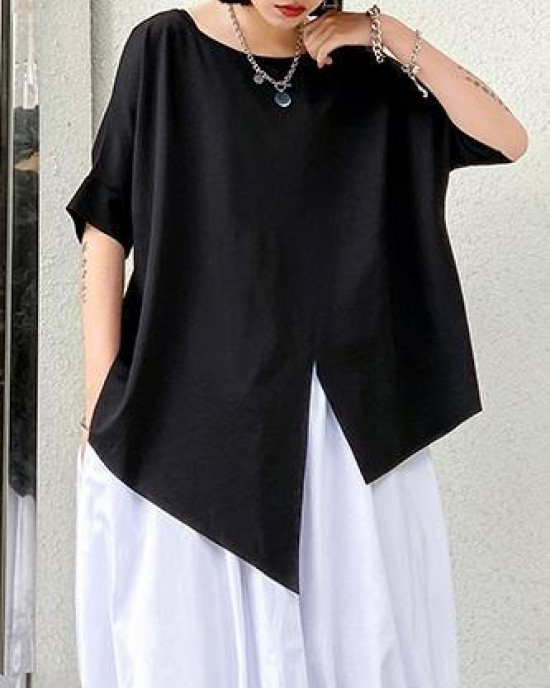 Unique black cotton clothes o neck asymmetric summer shirt Unique black cotton clothes o neck asymmetric summer shirt