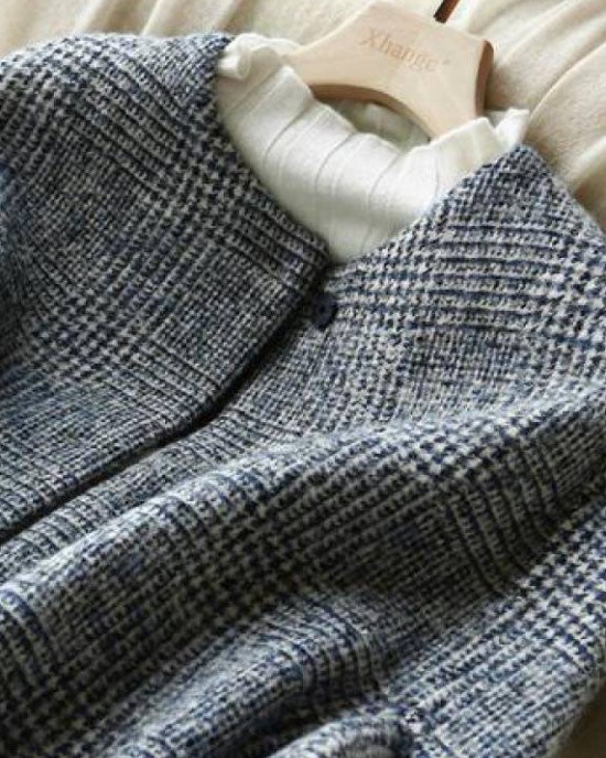Fine Grey Plaid O-Neck Button Fall Woolen Three Quarter sleeve parka Fine Grey Plaid O-Neck Button Fall Woolen Three Quarter sleeve parka