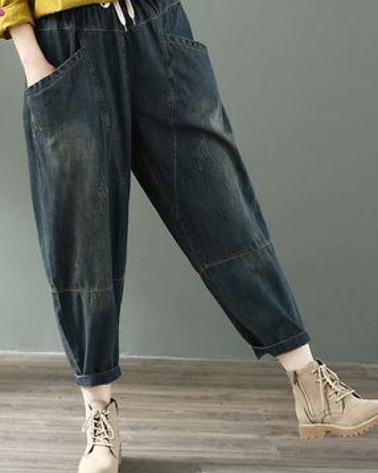 Spring nine points cross pants denim harem pants female elastic waist retro loose trousers Spring nine points cross pants denim harem pants female elastic waist retro loose trousers