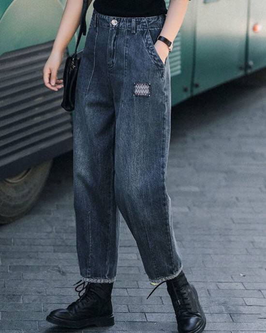 Style Navy High Waist Pockets Harem Casual Fall Denim Pants Style Navy High Waist Pockets Harem Casual Fall Denim Pants
