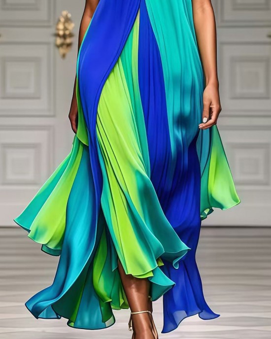 Modern Colorblock V Neck Patchwork Exra Large Hem Chiffon Beach Dress Summer Modern Colorblock V Neck Patchwork Exra Large Hem Chiffon Beach Dress Summer