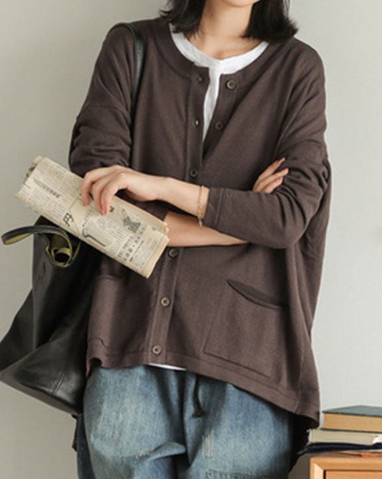 Italian Chocolate Loose Knit Button Pockets low High Design Fall Sweater Cardigans Italian Chocolate Loose Knit Button Pockets low High Design Fall Sweater Cardigans