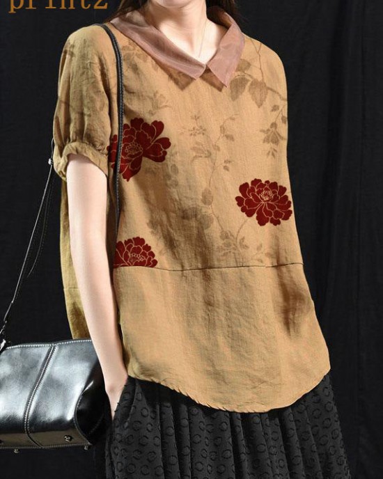 Bohemian Khaki Patchwork Turn-down Collar Summer Short Sleeve Top Bohemian Khaki Patchwork Turn-down Collar Summer Short Sleeve Top